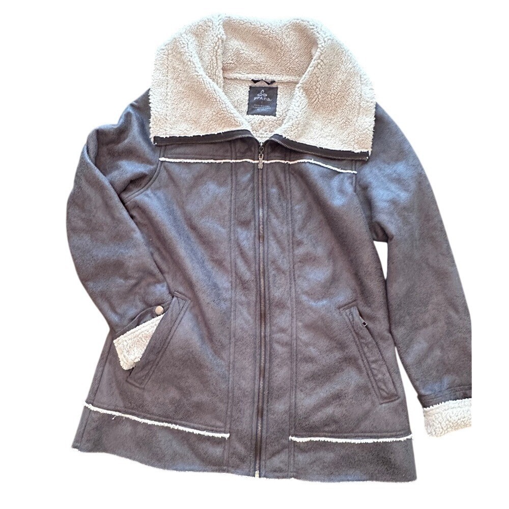 Prana Faux Suede Sherpa Lined Jacket Womens‎ Large Gray Full Zip Excellent